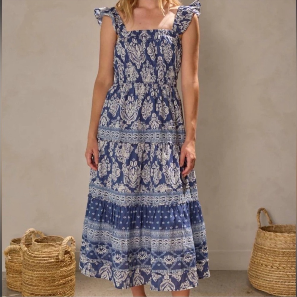 MELISSA NEPTON Blue and Cream Patterned Midi Dress